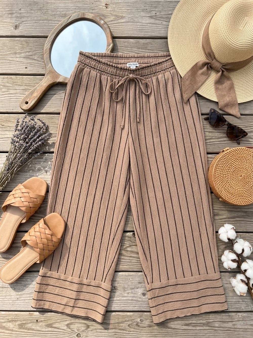 kathy ireland Ribbed Wide-Leg Knit Pants in Taupe